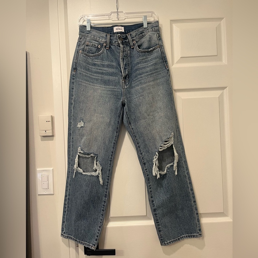 Pistola, button fly, blue denim, wide leg, ripped knees, jean